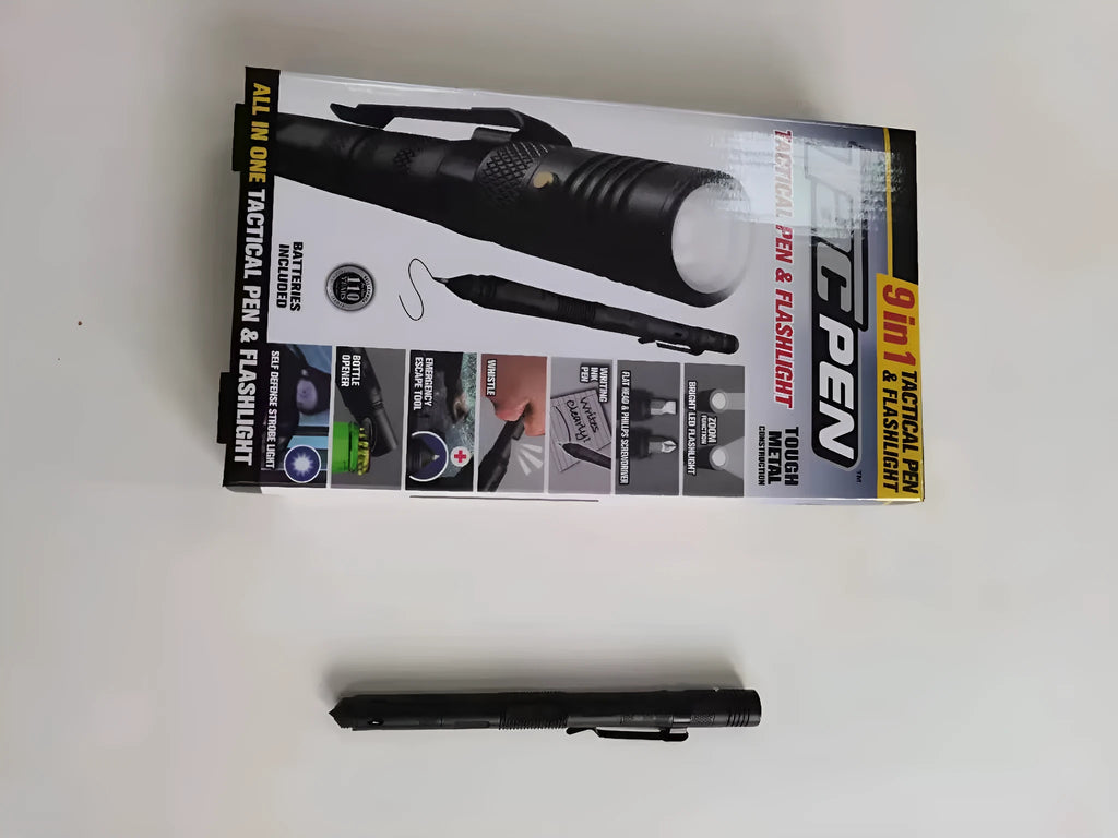 Black nine-in-one multi-function flashlight pen with car window breaker and dual light source for EDC outdoor use