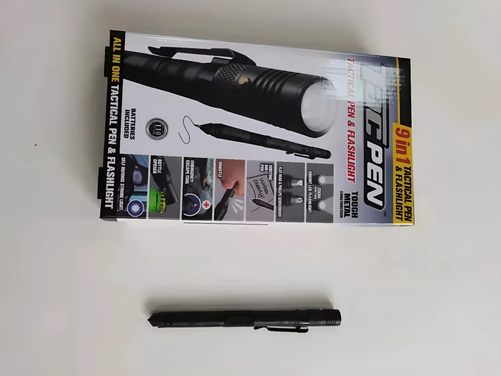 Black nine-in-one multi-function flashlight pen with car window breaker and dual light source for EDC outdoor use