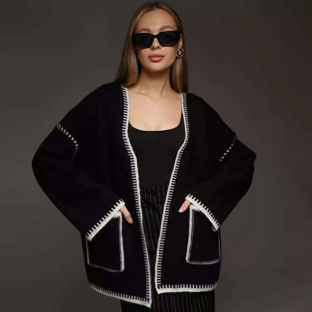 Loose knitted cardigan with lace-up front in imitation cashmere blend fabric