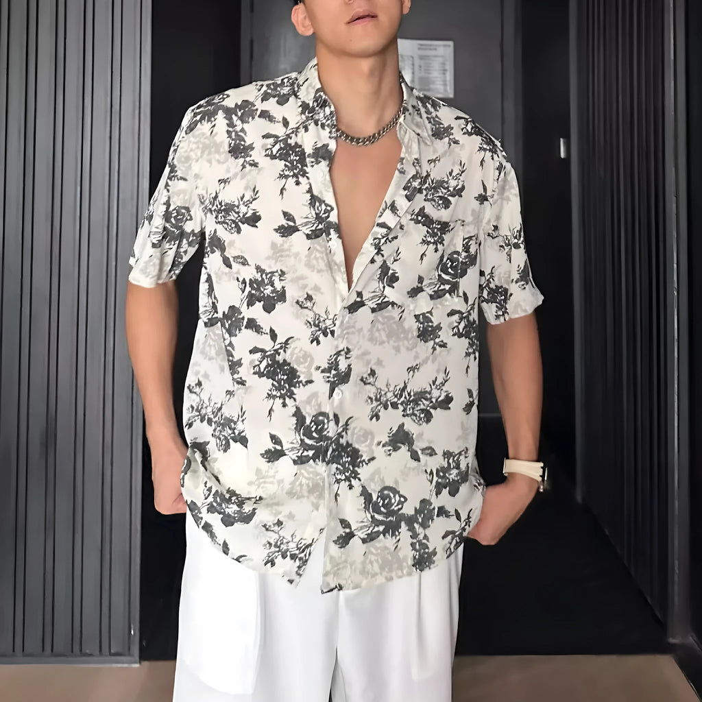 Men's loose casual floral printed short sleeve shirt in black or white