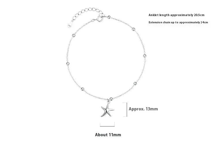 Silver starfish charm anklet on ankle showing S925 sterling silver construction and lobster clasp