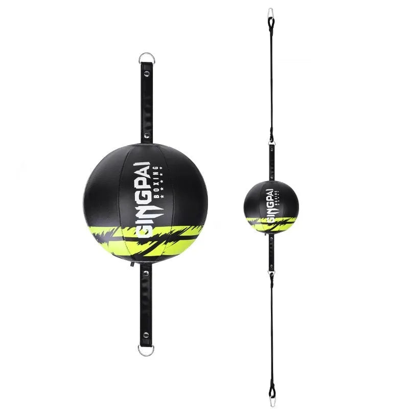 Black hanging boxing speed ball made of PU leather for reaction training.