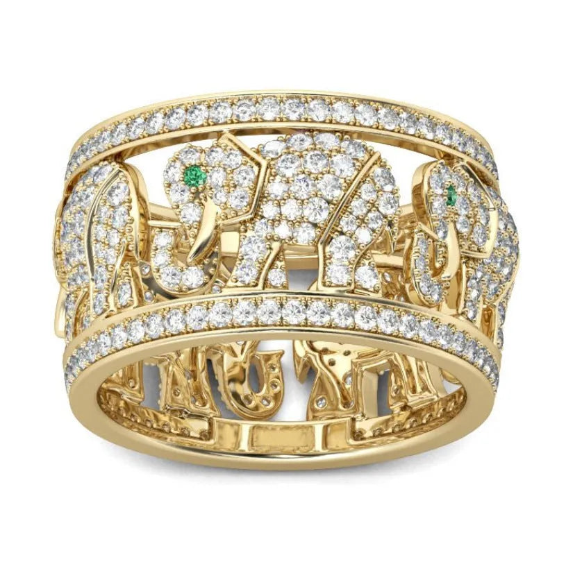 Gold or silver tone alloy elephant ring with a full diamond accent on the band.