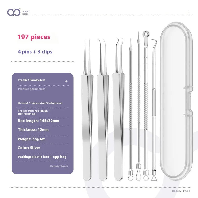 Four silver metal acne needles with ultra-fine pointed tips for skin treatment.
