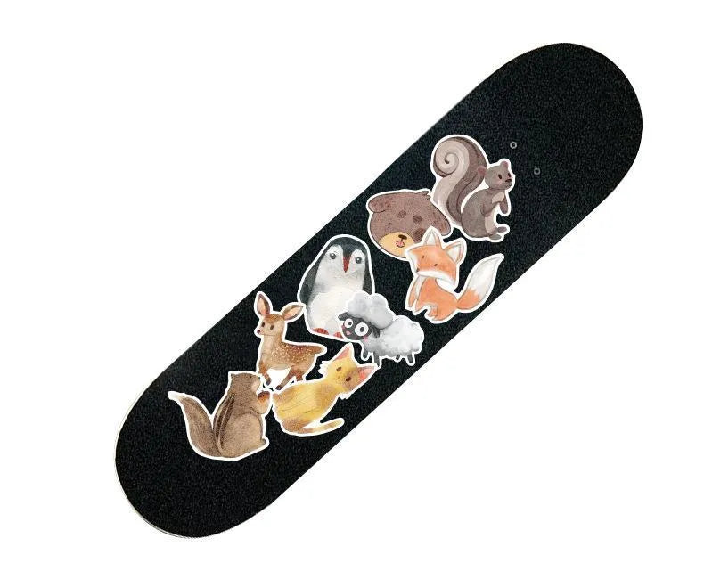 Assortment of large retro beach stickers with surfing and travel designs on a white background.