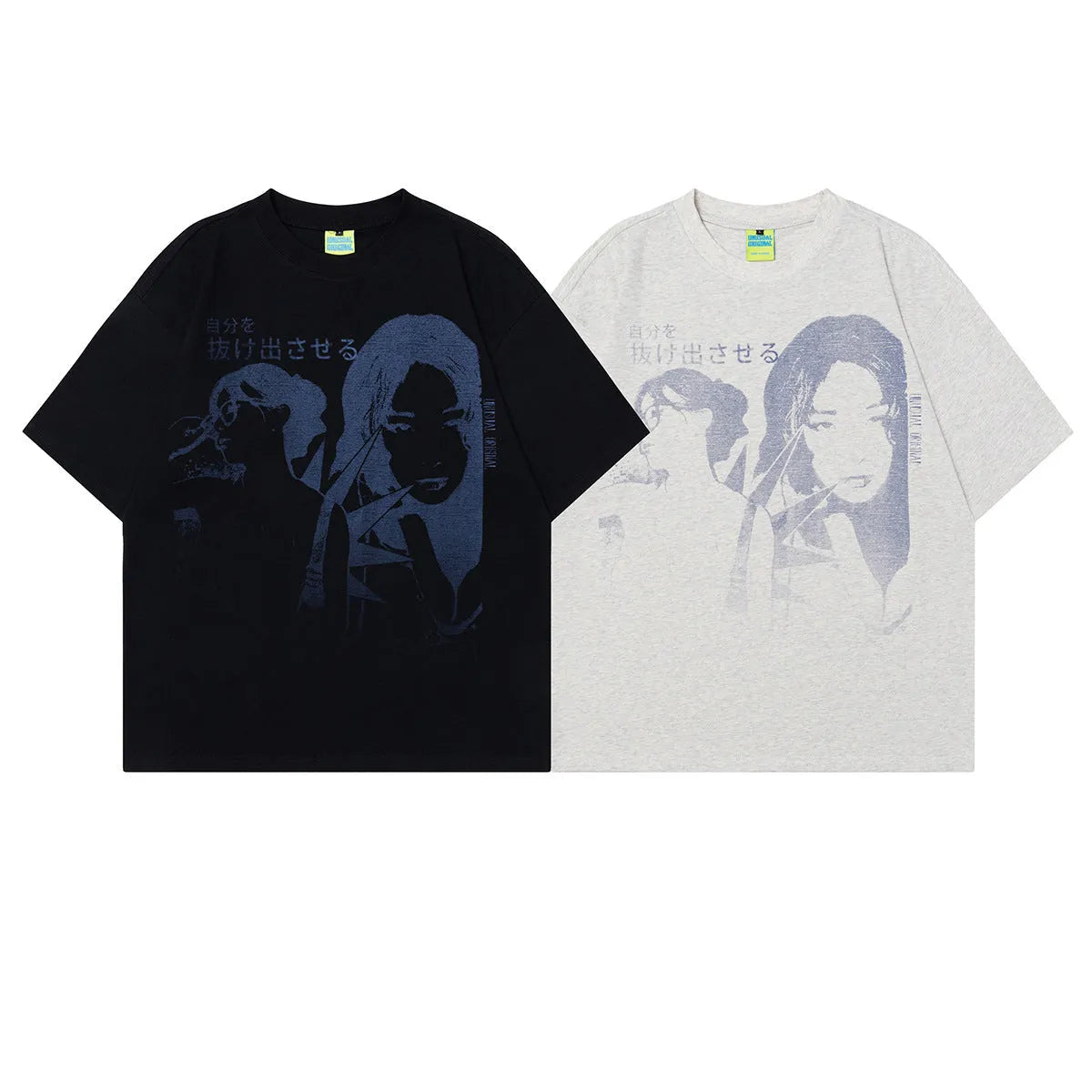 Men's grey loose-fit cotton T-shirt featuring a printed retro character design on the chest.
