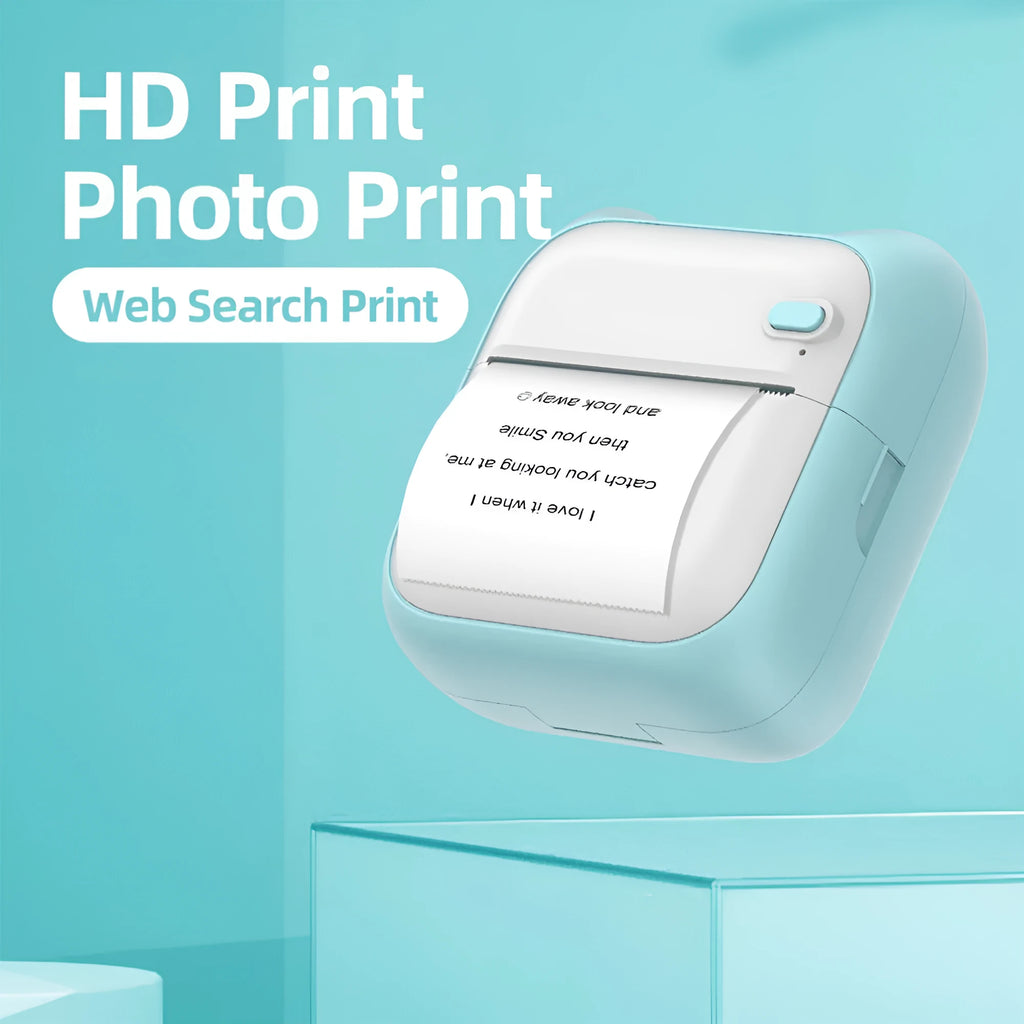 Pink mini pocket Bluetooth thermal printer on desk with USB cable, 90x45x82mm