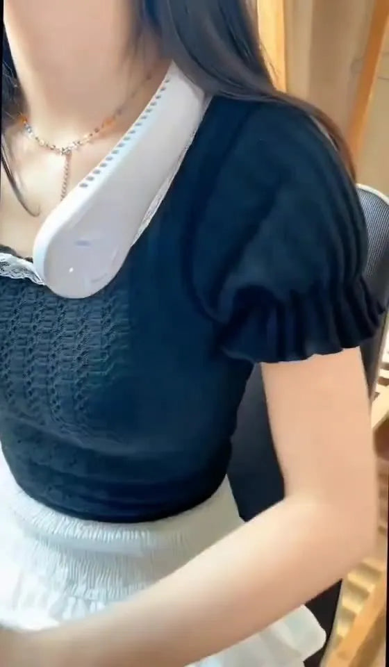 Blue bladeless neck fan showing neckband design and airflow outlet
