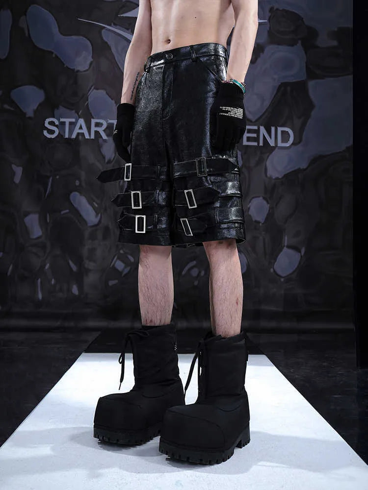 Men's black PU leather cropped shorts with mid-low waist design