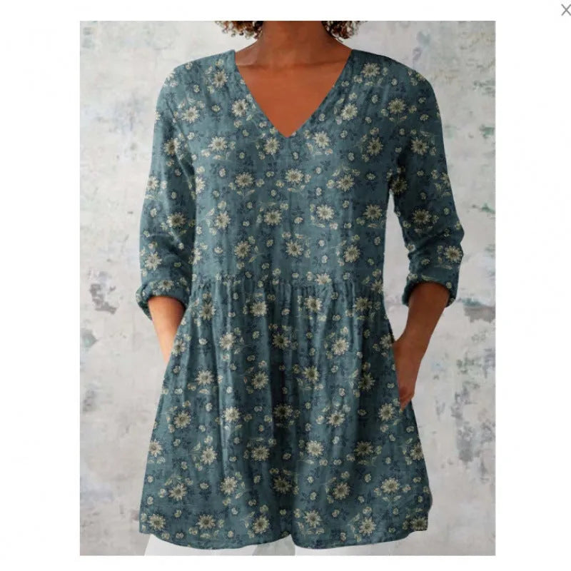 Women's printed loose dress with wave pattern, 3/4 sleeves and elastic waistband