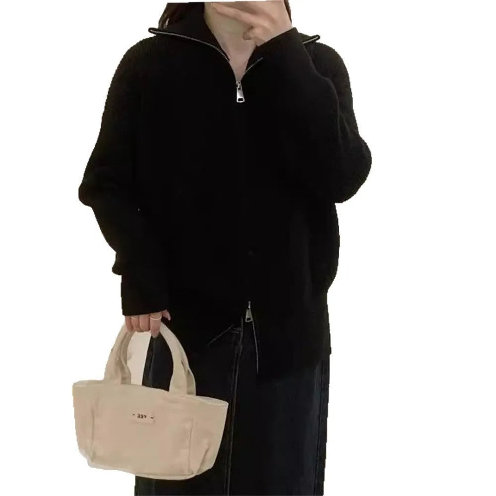 Hong Kong style grey double zipper knitted cardigan with floral pattern, loose fit.