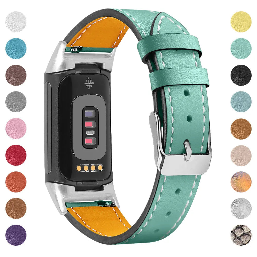 Genuine cowhide leather replacement watch strap for Fitbit Charge 5 and Charge 6 smartwatches.