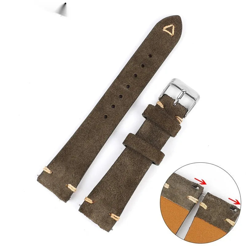 Genuine suede leather watch strap in brown, blue, grey, or Army Green