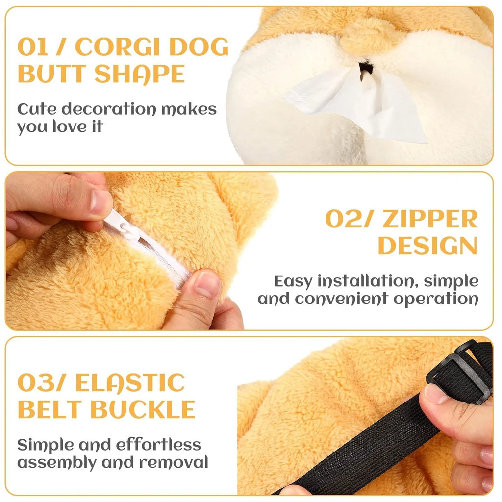 Yellow corgi butt-shaped car tissue box holder mounted on sun visor with elastic backing