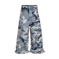 Snow camouflage blue loose-fit denim jeans laid flat, showing mid waist and trouser cut.