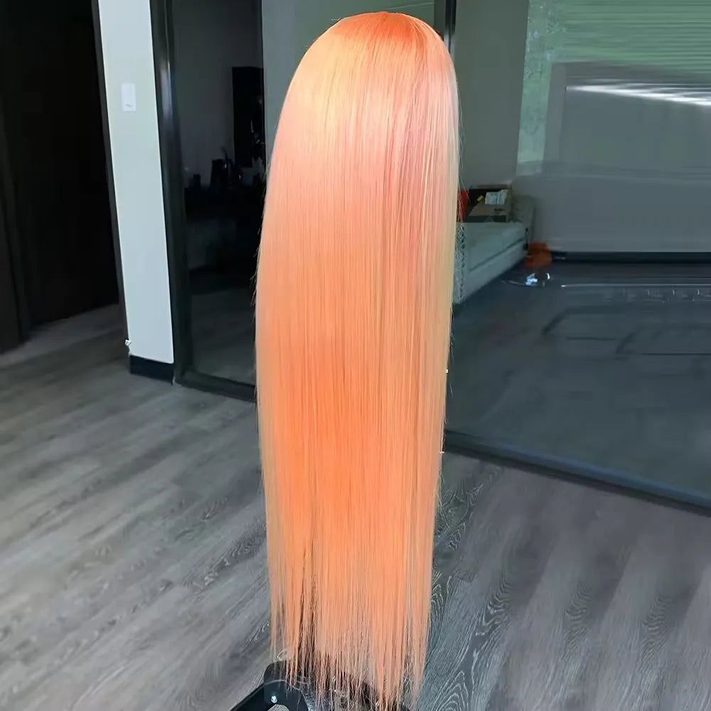 Light orange long straight front lace wig on a mannequin head, showing side bangs.