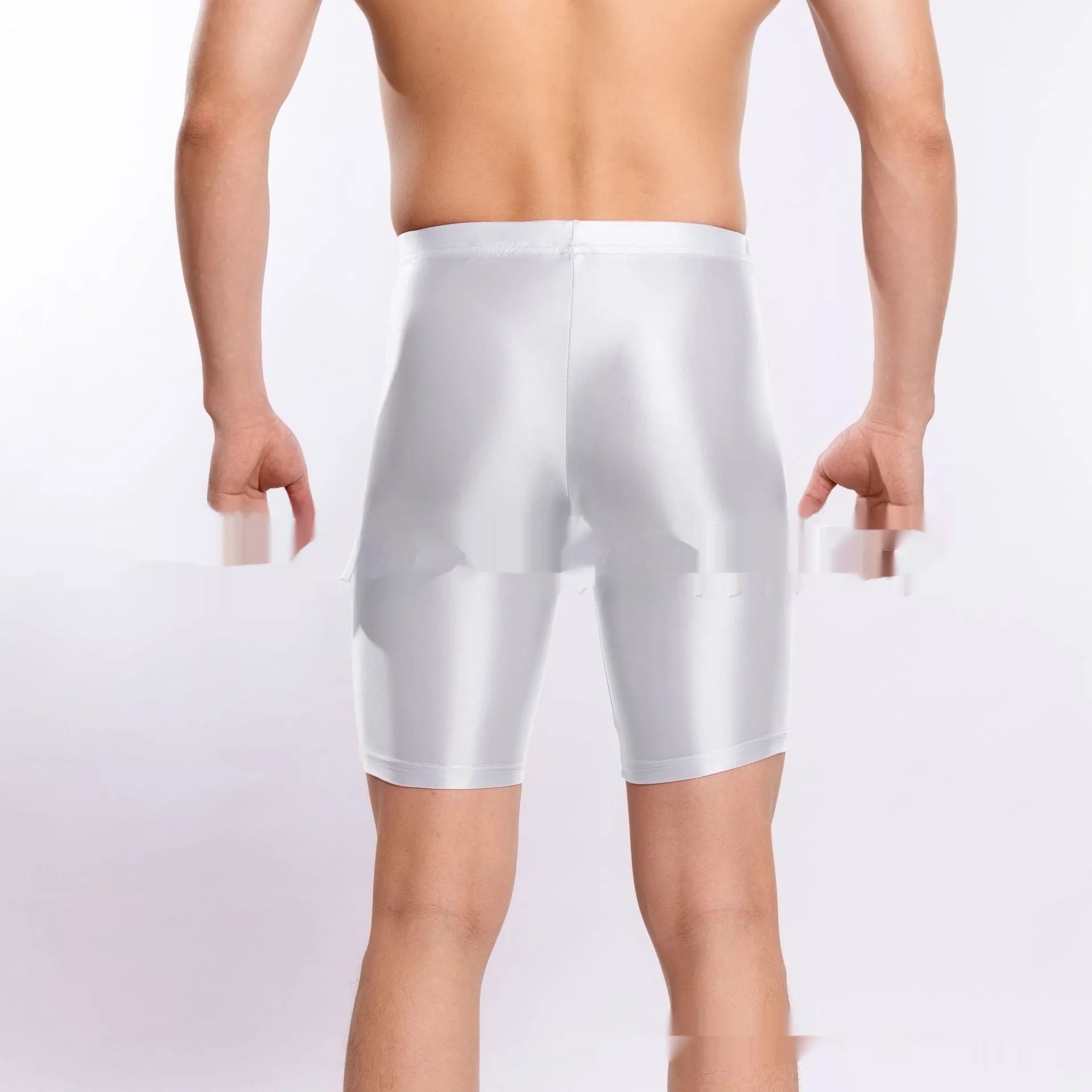 Plus size men's shiny silky nylon sports shorts shown in multiple colours including black, red, and fluorescent green
