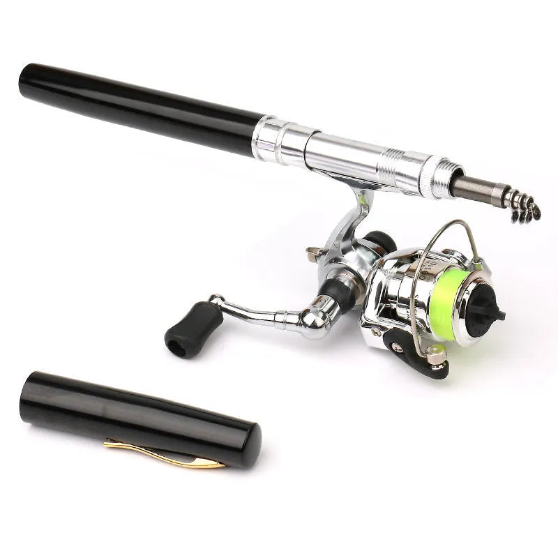 Pen-type portable pocket fishing gear rod in silver with drum reel collapsed to pen size