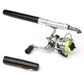 Pen-type portable pocket fishing gear rod in silver with drum reel collapsed to pen size