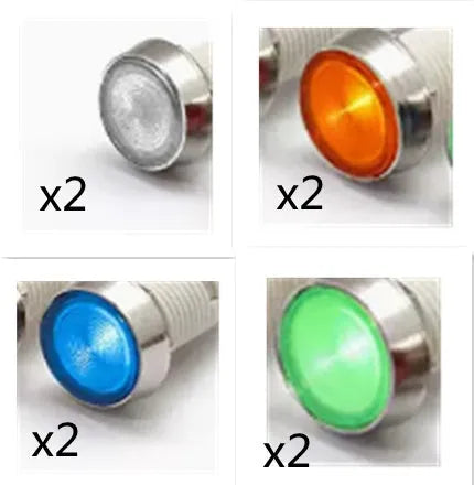 10mm stainless steel bezel plastic indicator light with wire, shown in multiple colour options.