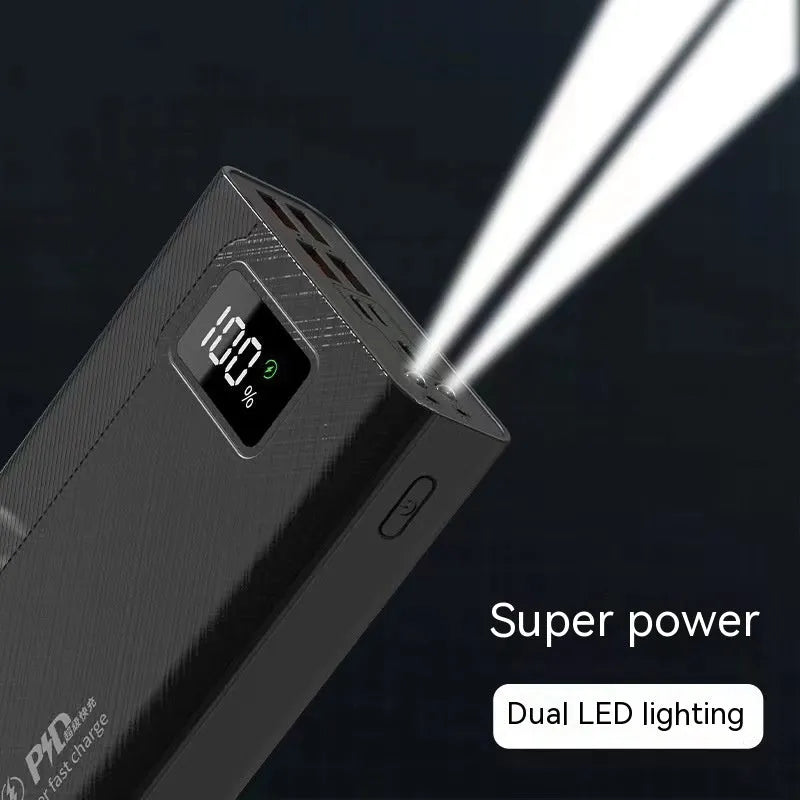 Black and white plastic power bank showing dimensions of 150 by 76 millimetres