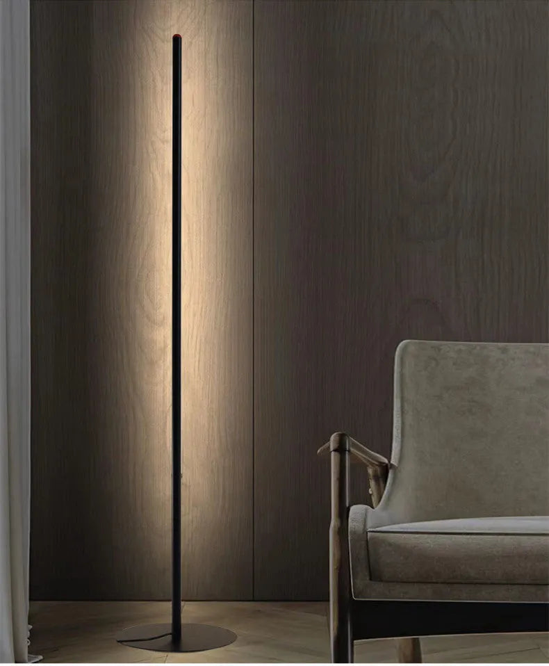 Simple vertical aluminium alloy floor lamp with LED light source on a modern stand.