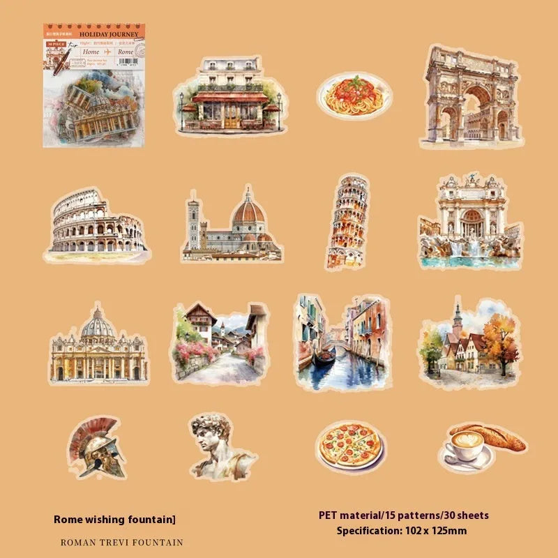 Six retro architecture journal stickers showing Paris Arc de Triomphe, London Big Ben, Maldives, Zurich, Rome Fontana di Trevi, and Bangkok Grand Palace