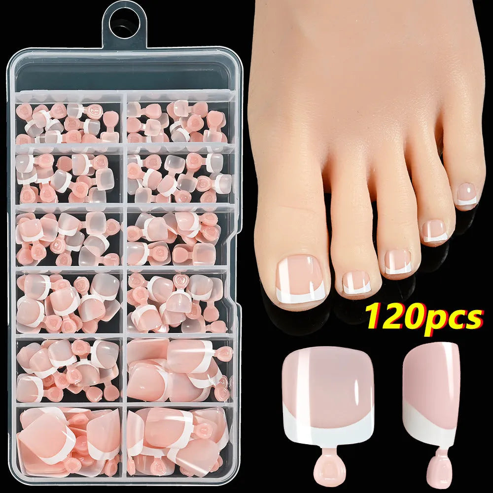 120-piece box of French white edge nude full square short artificial toenails in nine shades