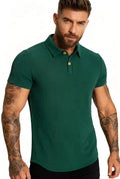 Retro waffle pattern dark green lapel Polo shirt with short sleeves and two metallic buttons
