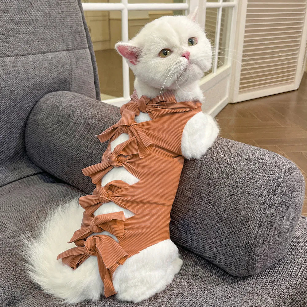Lace-up cat sterilization clothing in polyester for post-operation recovery, shown in multiple colour options