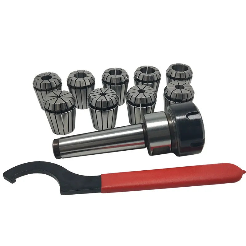 ER32 collet set with coated 40 chrome steel collets, Morse taper arbor, and wrench for milling machines