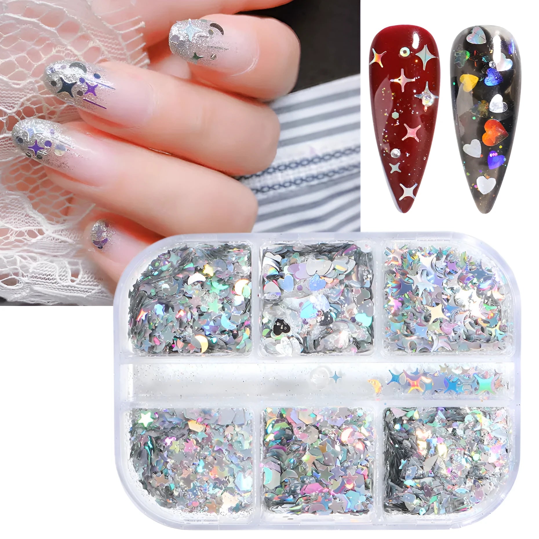 Gold and silver laser irregular nail glitter sequins in 8g box with six-grid compartments