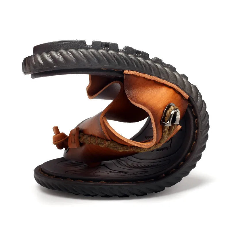Men's dark blue herringbone-patterned outdoor slippers with artificial PU upper and rubber sole