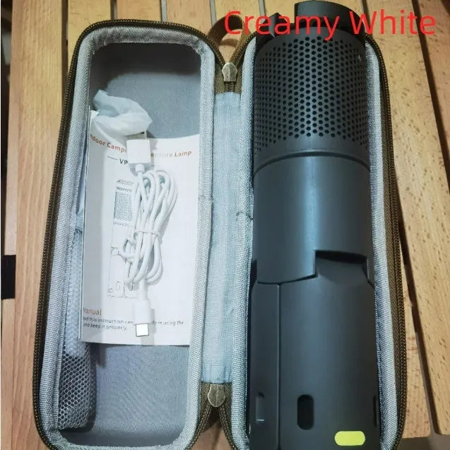 Creamy white and dark grey portable battery-powered LED camping lantern with button switch
