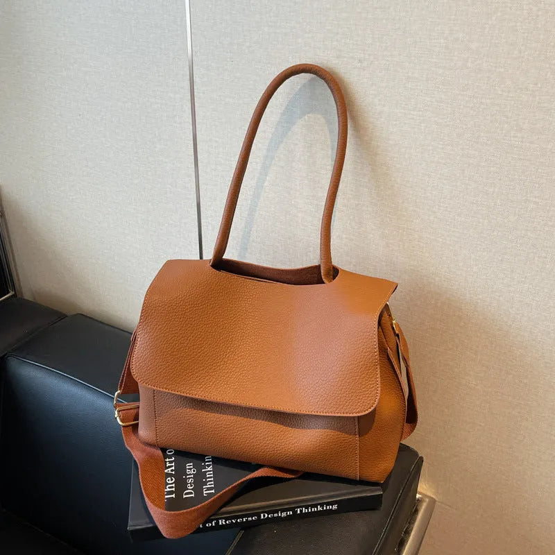 Vintage casual PU leather tote bag in horizontal square shape with double shoulder straps