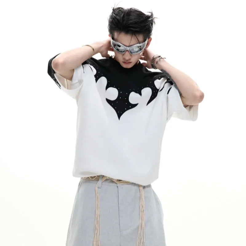 Men's burnt flower rhinestone stitch cotton shirt with drop-shoulder sleeves in red, white, and grey colours