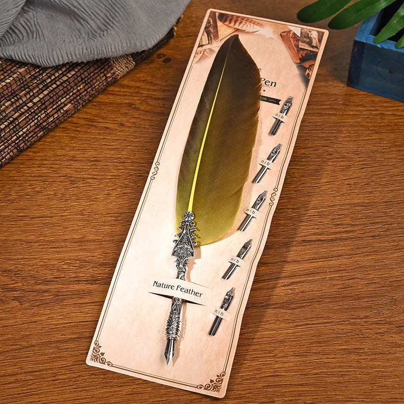European retro vintage feather dip pen with zinc alloy shell in multiple colour options