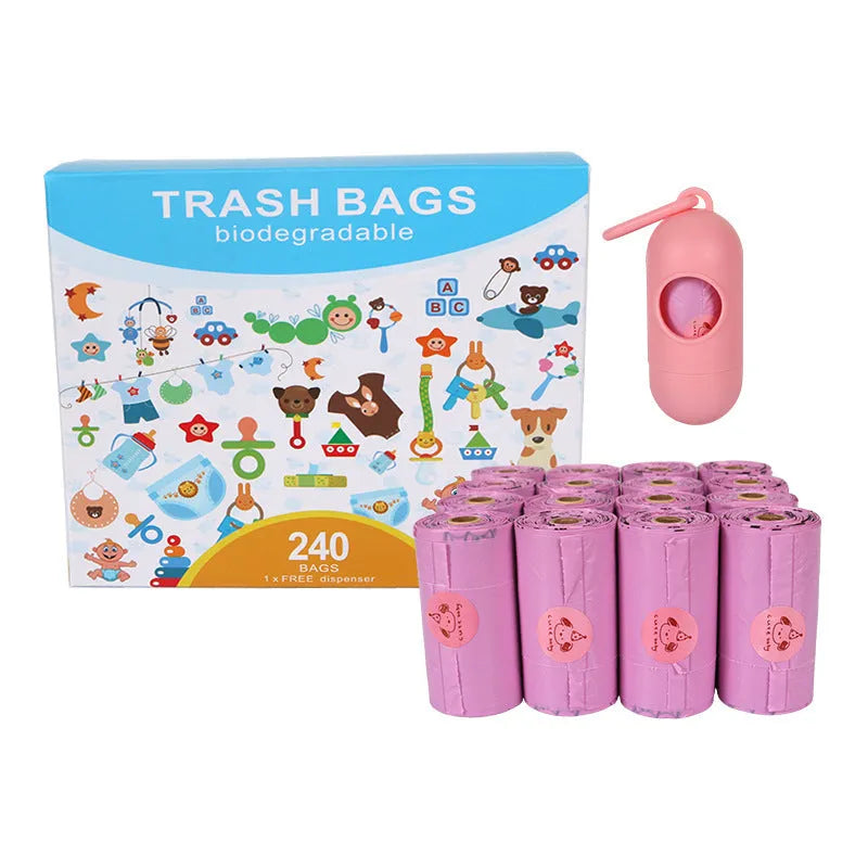 Military green degradable dog poop bags with black bone pattern measuring 23x33cm
