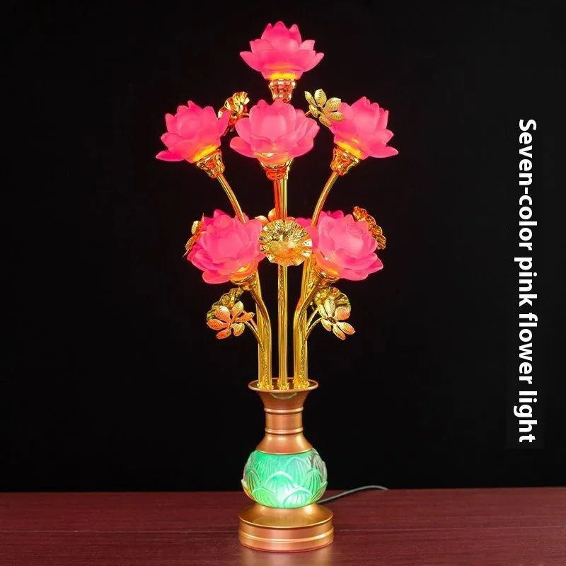 Colored glaze lotus lantern with alloy base, pink floral petals, and LED light for temple worship