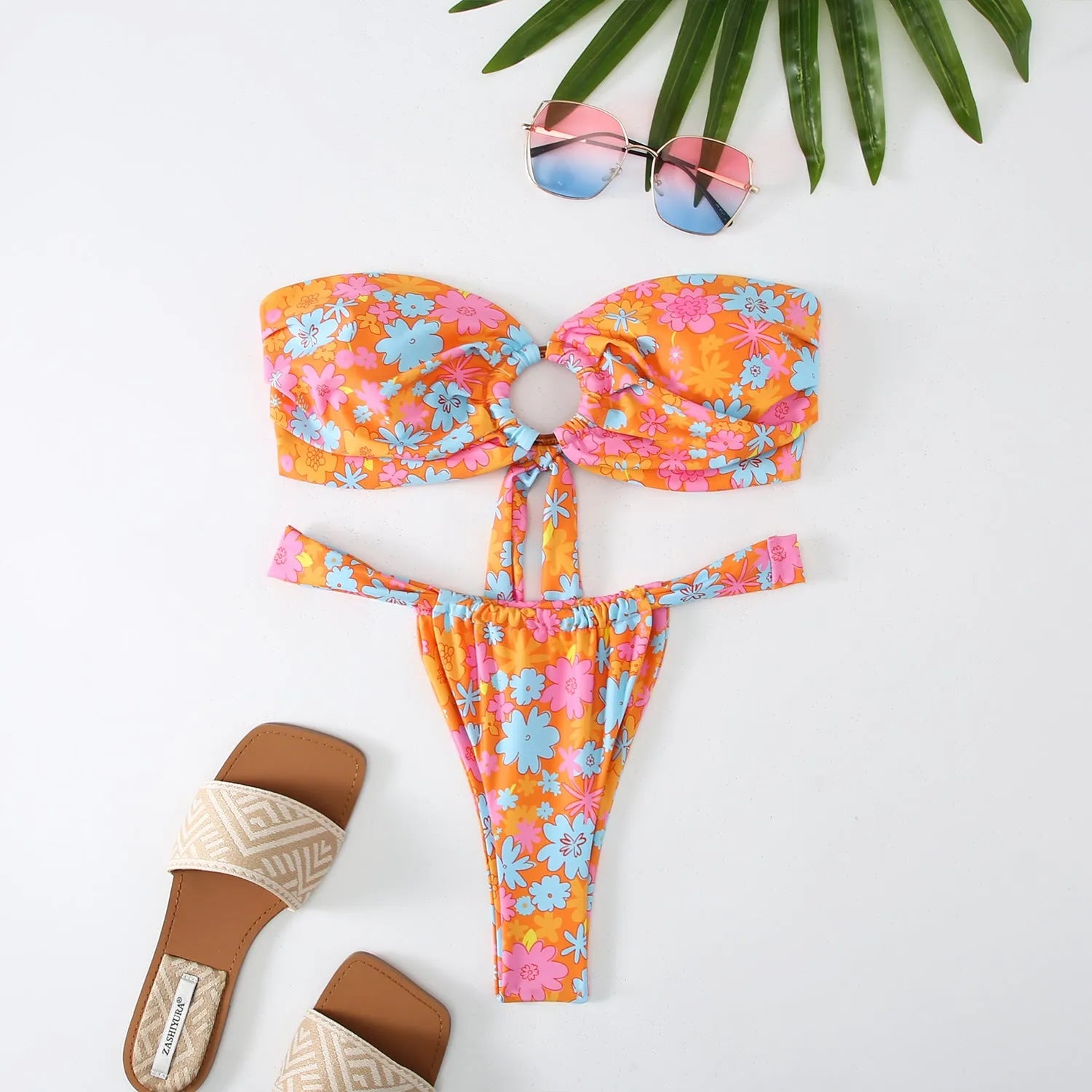 Women's floral printed bikini swimsuit with tube top and backless brief design