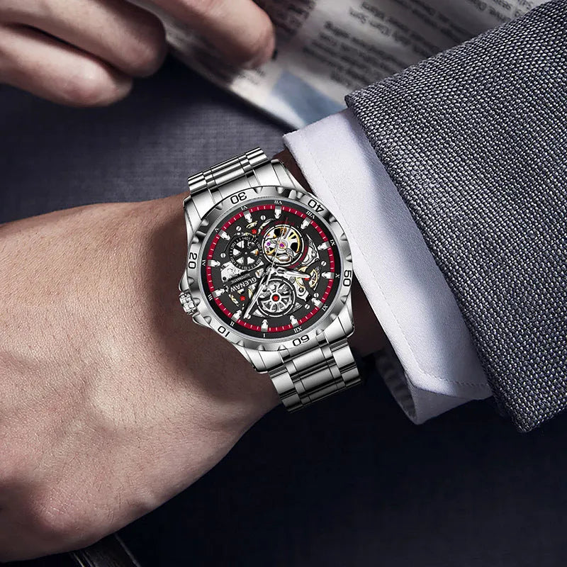 Men's automatic mechanical watch with hollow-out design showing movement through dial and case back