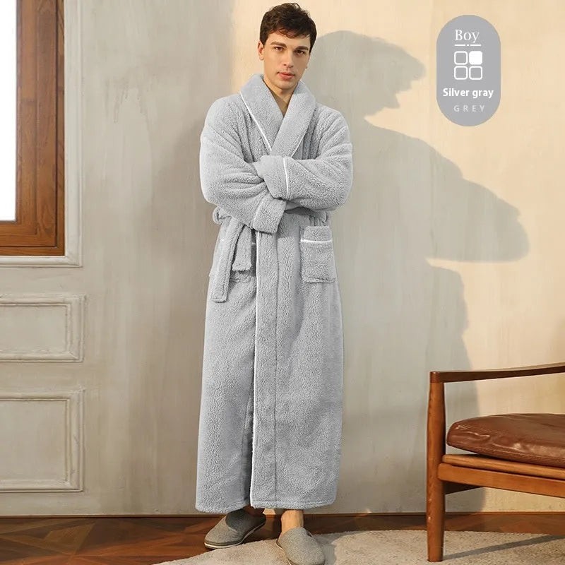 Men's and women's thick flannel bathrobe couple set in winter colours with extended plus sizing