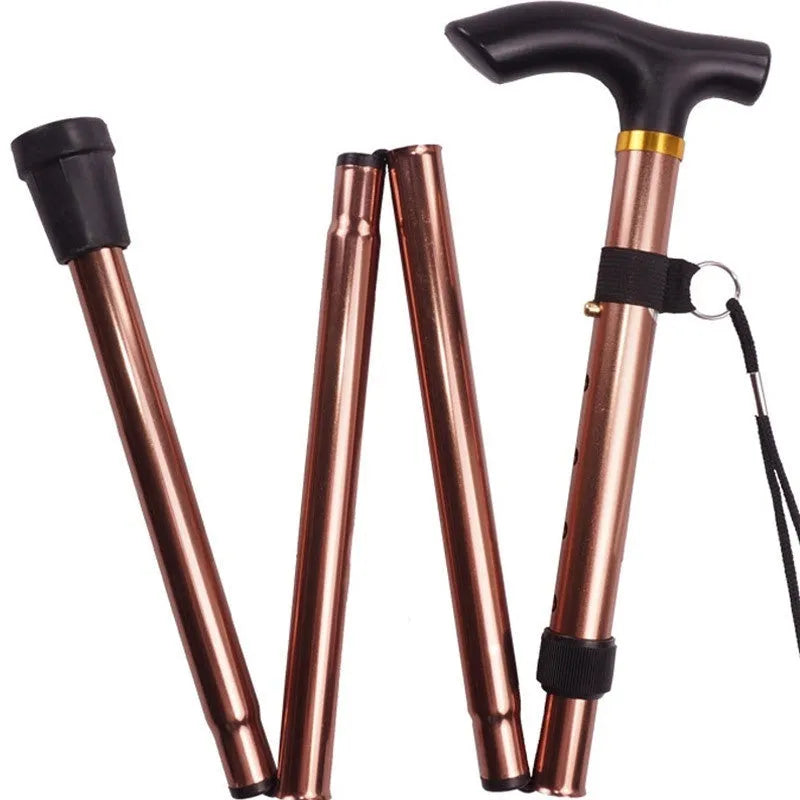 Aluminium folding walking cane extended to show height adjustment with non-slip handle