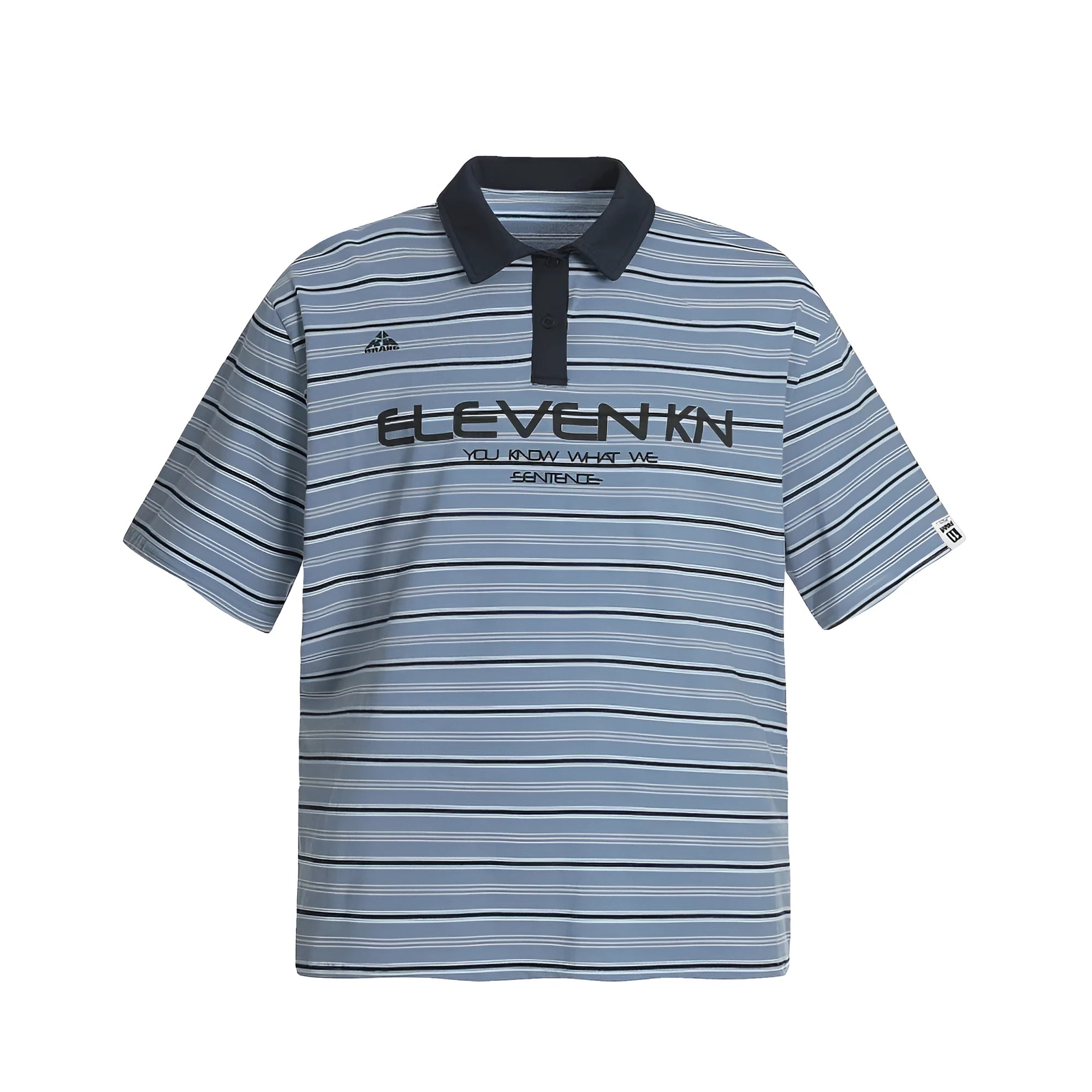 Blue and white vintage stripe pattern on a loose-fit men's short-sleeved cotton polo shirt.