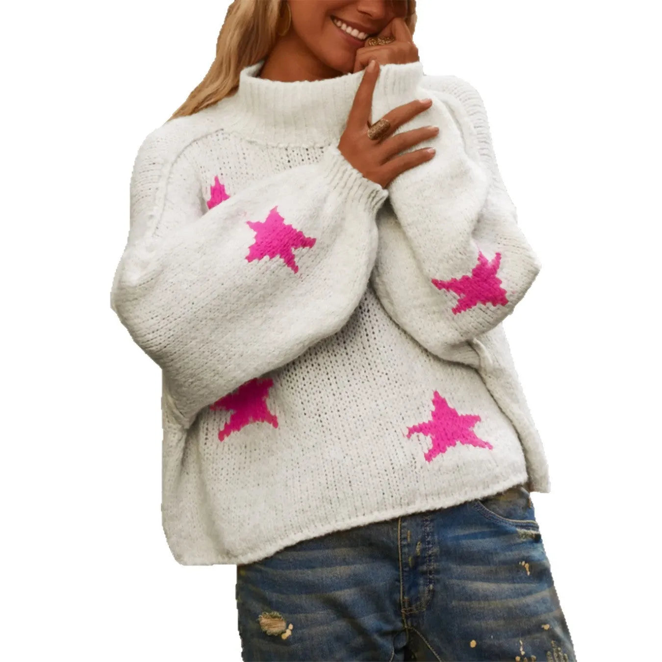 White women's turtleneck pullover with star pattern in thick imitation velvet fabric