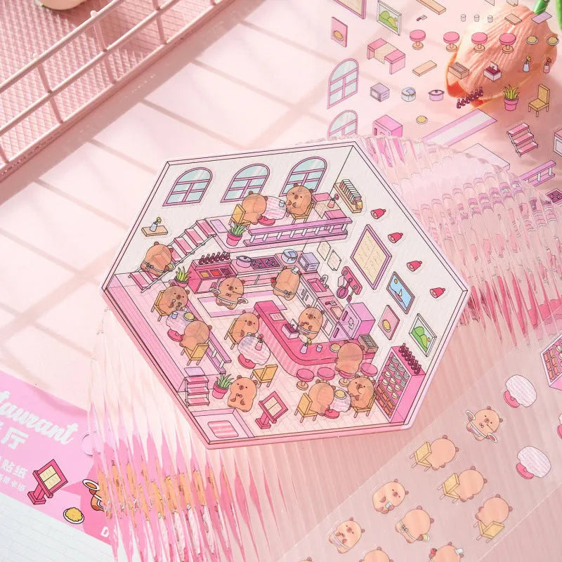 Capabala pre-cut PET cartoon sticker sheet in themes like pink restaurant and green bookstore.