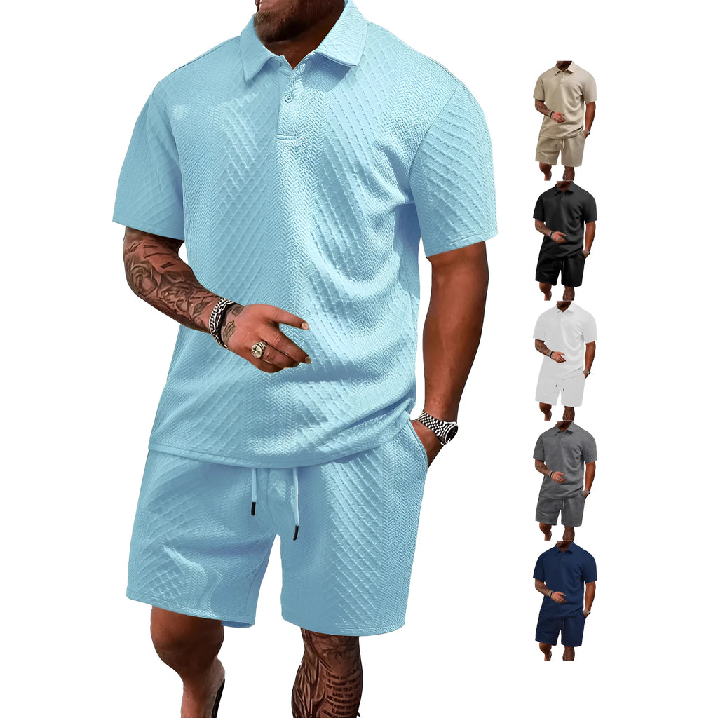 Men's light grey casual short sleeve suit with polo shirt and trousers on a hanger