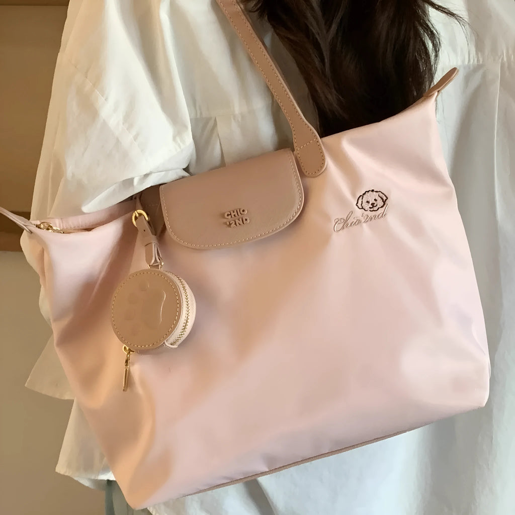 Oxford cloth tote shoulder bag with horizontal square shape in pink or milky white colour