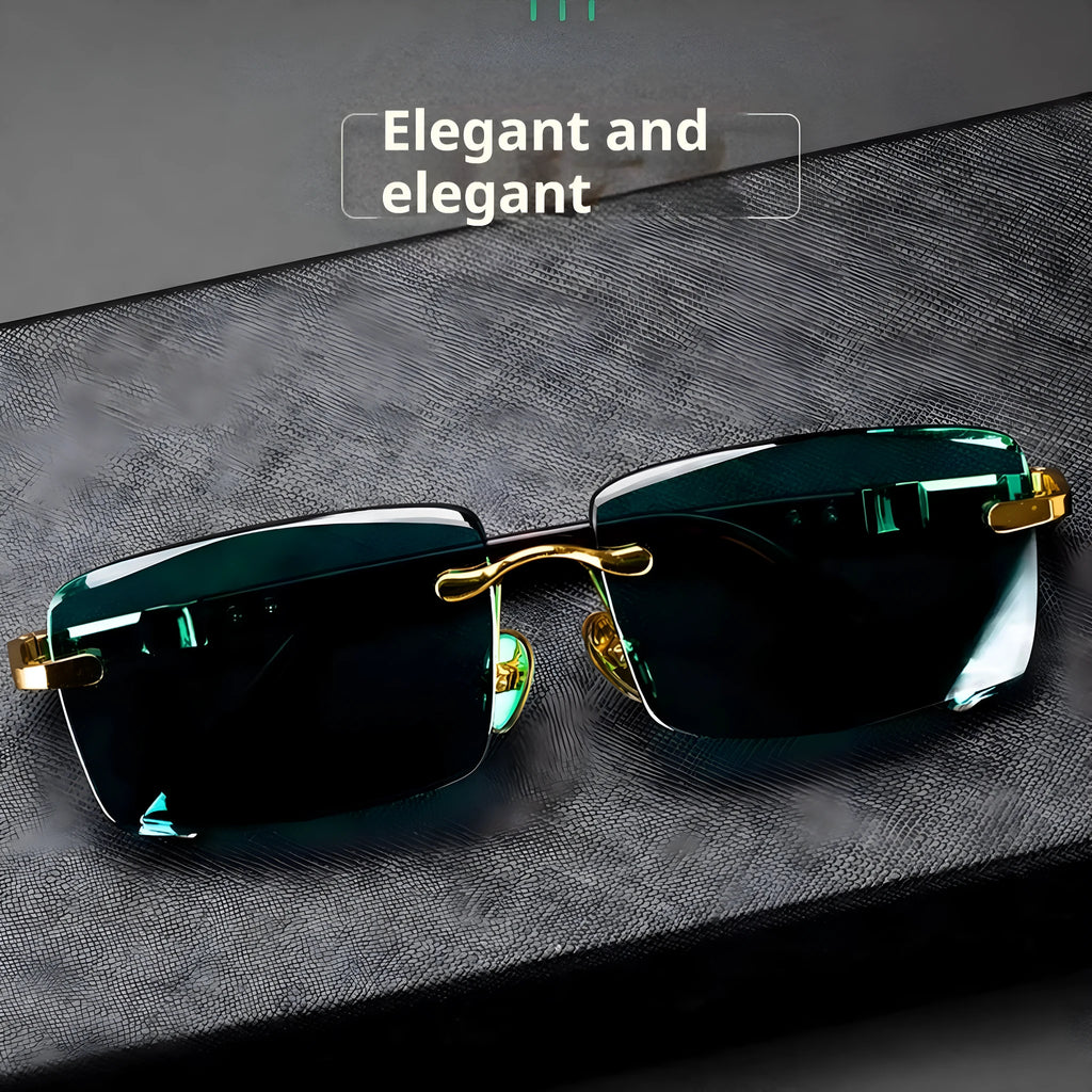 Dark green frameless crystal sunglasses with case and cleaning cloth