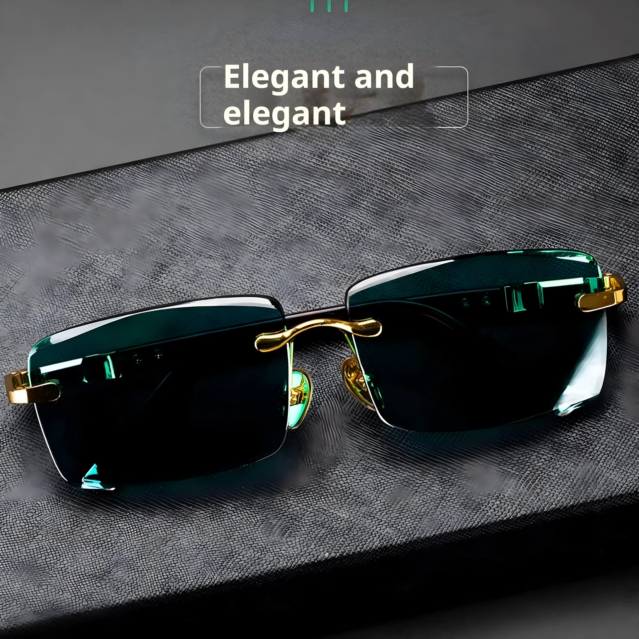 Dark green frameless crystal sunglasses with case and cleaning cloth